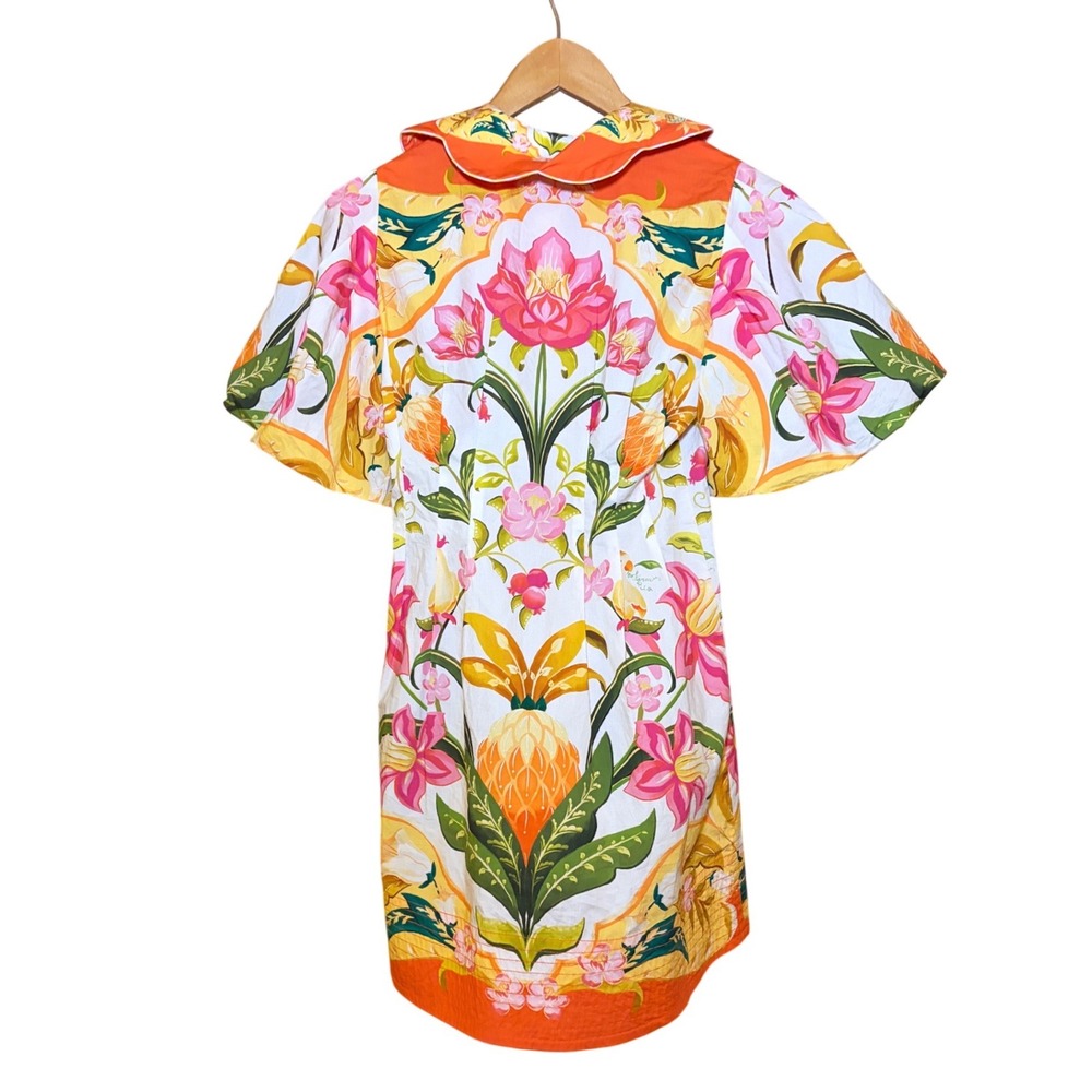 Farm Rio Talita Floral Puff Sleeve Mini Dress Orange Button Front XS NEW - Picture 12 of 14